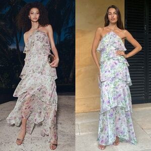 NEW ELLIATT Mirabelle FLORAL Layered TIERED Georgette HALTER Maxi DRESS Gown L